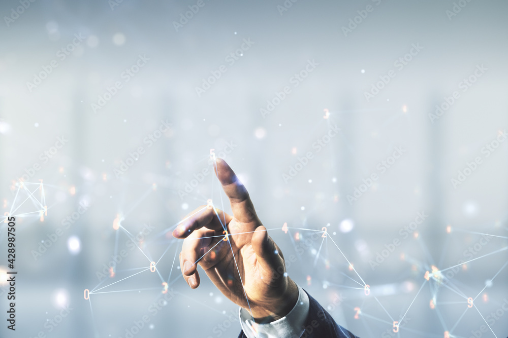 Aufkleber man hand clicks on abstract virtual wireless technology hologram on blurred office background, artif