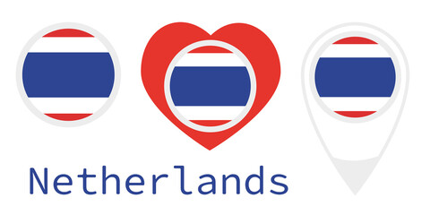 National flag of Netherlands, round icon, heart icon and location sign
