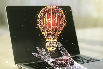 Creative light bulb illustration on modern computer background, future technology concept. Multiexposure