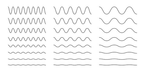 Collection of wavy or zigzag lines. Horizontal thin lines wave. Dotted line. Big set black color. Vector illustration.