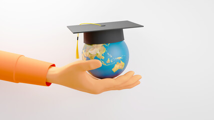 Education concept. 3d of the world wearing graduation hat on hand on white background. Modern flat design isometric concept of Education. Back to school.