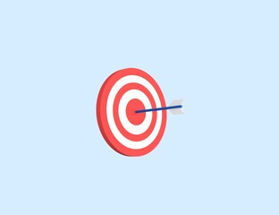 Business symbol target and arrow in the center. 3D render design isolated blue background.