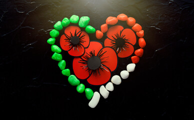 patriotic italian national holiday card background, flag of Italy craft flowers poppy, liberation...