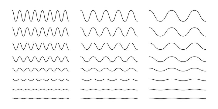 Collection of wavy or zigzag lines. Horizontal thin lines wave. Dotted line. Big set black color. Vector illustration.