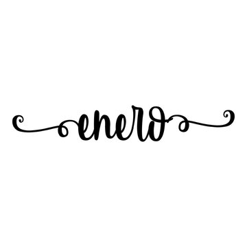 Banner con texto manuscrito enero escrito a mano en espa&ntilde;ol con florituras en color negro