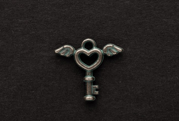 Decorative metal key on the empty black background