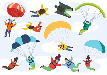 People are engaged in extreme parachuting. Free fall characters. Extreme parachute skydivers, male and female parachutists.