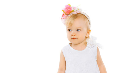Portrait of little girl child with floral wreath headband on her head on a white background