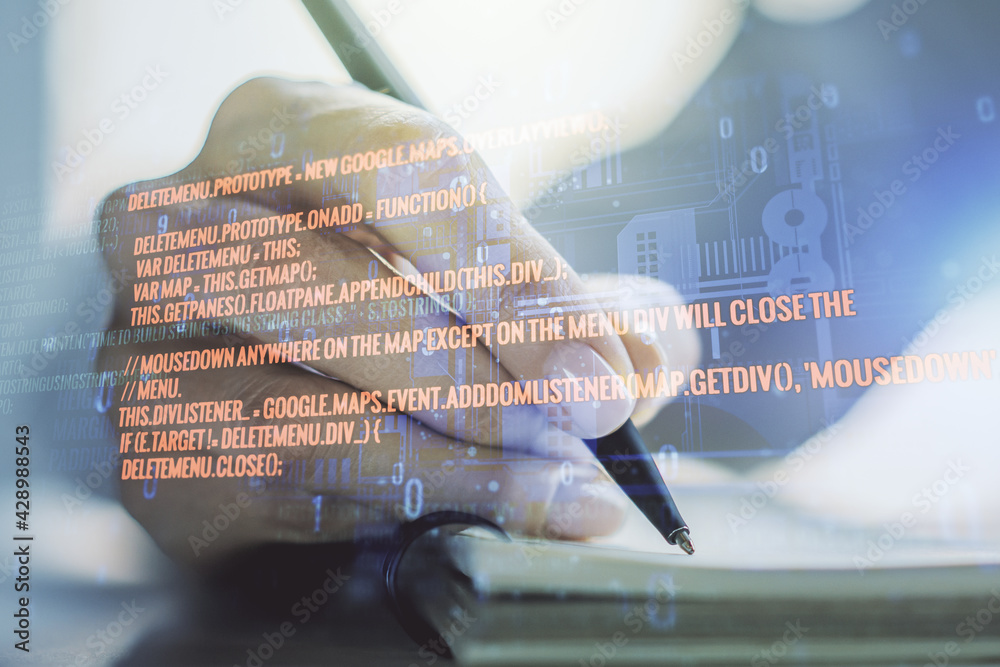 Poster double exposure of abstract creative programming illustration and man hand writing in notepad on bac