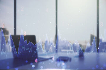 Abstract creative stats data concept and modern desktop with computer on background. Multiexposure