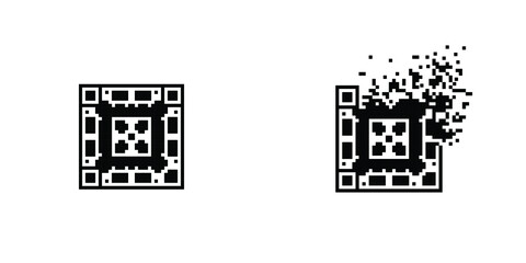 Ornamental Qr code 8 bit dispersed filled rectanlge, illustration for graphic design, colors: black and white