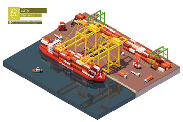 Vector isometric industrial cargo port. Container terminal with cranes, container carrier ship and warehouse. Vessel unloaded by gantry cranes - obrazy, fototapety, plakaty