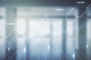 Multi exposure of virtual abstract financial diagram on abstract empty interior background, banking and accounting concept
