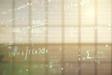 Scientific formula hologram on empty classroom background, research concept. Multiexposure