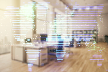 Abstract creative digital world map on a modern furnished classroom background, globalization...