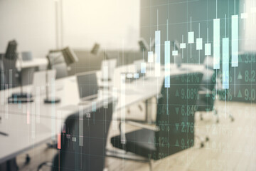 Multi exposure of abstract virtual financial graph hologram on a modern furnished office background, forex and investment concept