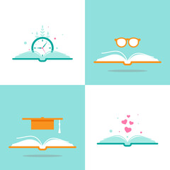 open book with glasses, stars, hearts and clock. Flat illustrations set.