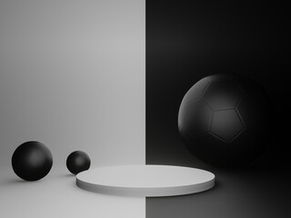 3D rendering. White stand and black ball background