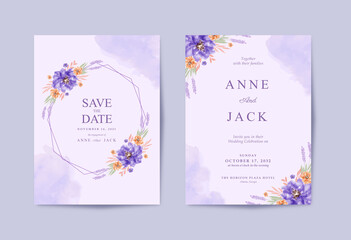 Romantic Wedding card with beautiful purple floral watercolor