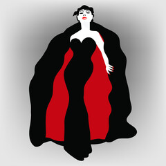 A glamorous woman wears a stylish gown and cape.