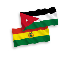 National vector fabric wave flags of Hashemite Kingdom of Jordan and Bolivia isolated on white background. 1 to 2 proportion.