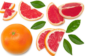 grapefruit with slices and green leaves isolated on white background top view. clipping path