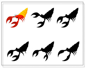 Puzzle game for kids find the right shadow. Choose a shade for the sea creatures hermit crab. vector isolated on a white background