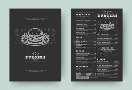 Burger restaurant menu layout design brochure or food flyer template vector illustration