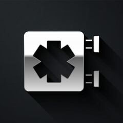 Silver Medical symbol of the Emergency - Star of Life icon isolated on black background. Long shadow style. Vector