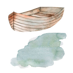 Watercolor illustration boat and lake isolated on white background. A stain of paint. Fishing. Water transport.
