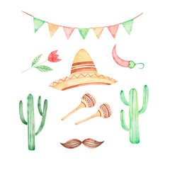 Set of watercolor hand drawings Cinco de Mayo. Isolated on a white background. Mexican holiday, party.