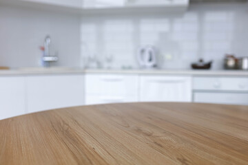 solid wood table on white kitchen background