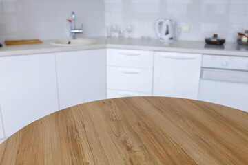 solid wood table on white kitchen background