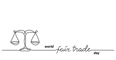 World Fair Trade Day vector poster, banner, background. Scales, balance one continuous line drawing illustration