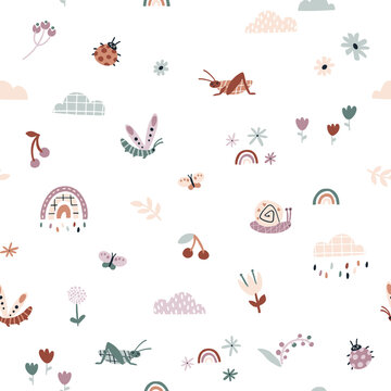 Rainbow snails in the rain seamless pattern. Summer nursery vector background in earthy trending colors. Hand-drawn childish naive illustrations in a simple Scandinavian style in a limited palette