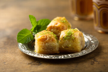 Traditional homemade Turkish baklava with pistachios