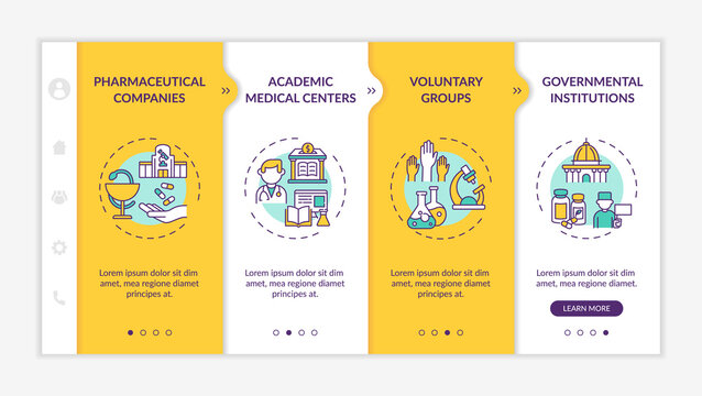 Clinical investigation onboarding vector template. Responsive mobile website with icons. Web page walkthrough 4 step screens. Academic centers, government color concept with linear illustrations