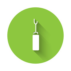 White Awl tool with wooden handle icon isolated with long shadow. Work equipment tailor industry. Green circle button. Vector