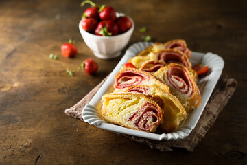 Homemade strawberry vanilla pastry roll