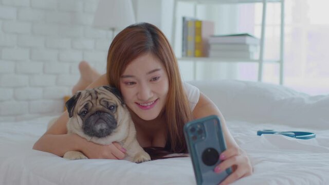 Beautiful Asian young woman take a photo selfie bu mobile phone with her cute dog pug breed in cozy bedroom,Happiness girl playing with dog to take a rest at home in holiday