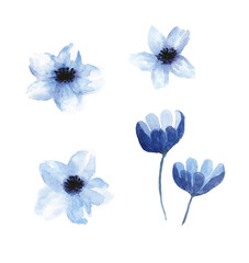 Cute and delicate watercolor set with different blue flowers isolated on white background