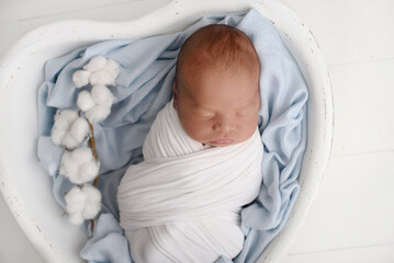 Beautiful newborn baby boy resting in soft blanket