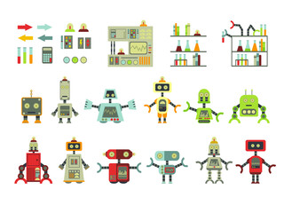 Set of cartoon robots. Vector illustration of robotics for children.