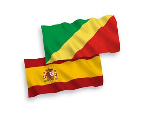 National vector fabric wave flags of Republic of the Congo and Spain isolated on white background. 1 to 2 proportion.