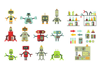Set of cartoon robots. Vector illustration of robotics for children.