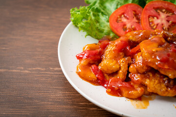 Fried fish topped with 3 flavors chili sauce