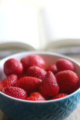 Bowl of fresh strawberries and open book on a table. Selective focus.