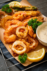 deep fried seafood (shrimps and squid) with mix vegetable