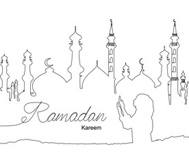 A continuous line image of the Islamic mosque. Ramadan Kareem greeting card, poster and poster design in white background. Vector illustration