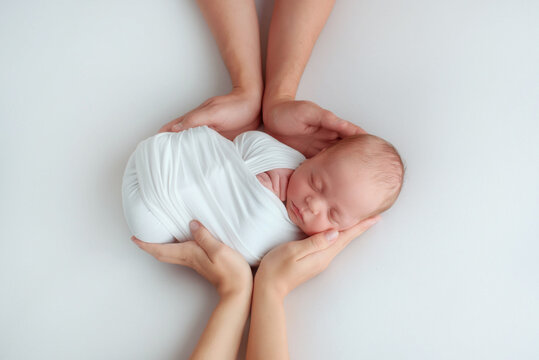 Little infant newborn baby in the hands of his father and mother. An isolated image of parent hands holding their newborn, baby . Fathers day and mothers day concept.
 
